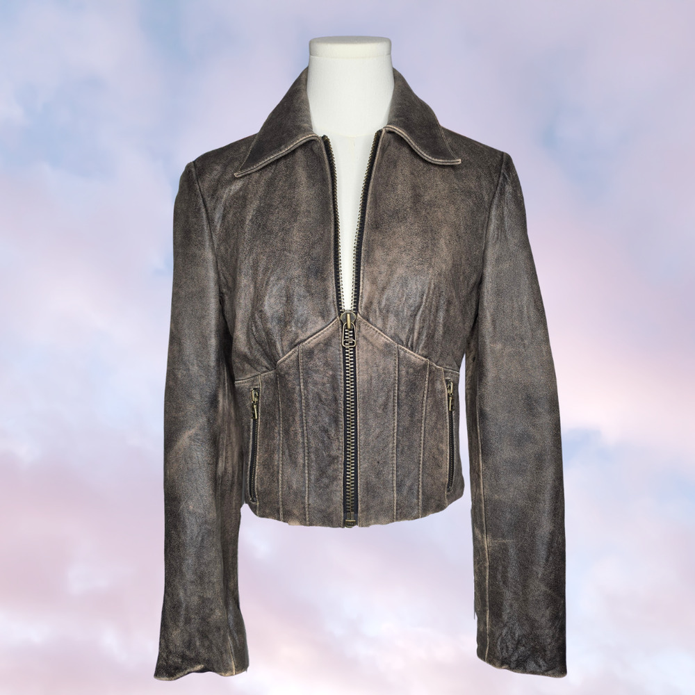 Vtg Y2k 2000s Guess Brown Distressed Worn Zip Up Emma Chamberlain Moto Jacket M - Picture 1 of 8